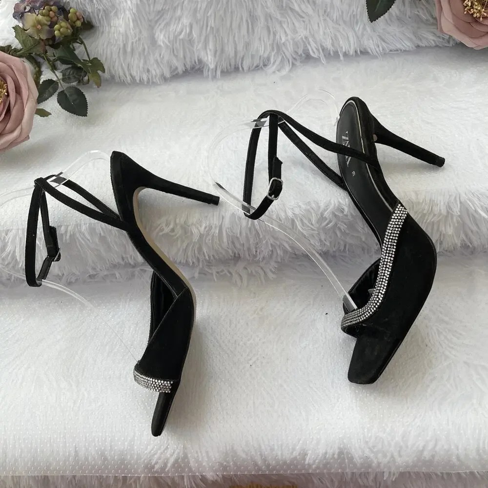 ZARA Black Rhinestone Square Toe Slingback Stiletto Heels EU 39 Women’s - Picture 6 of 8